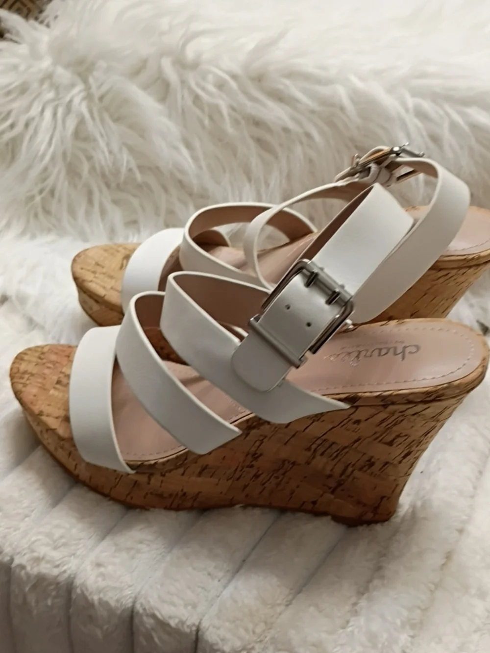 Charles By Charles Stanley Liber White Cork Wedge Sandals with Buckle Strap 7M